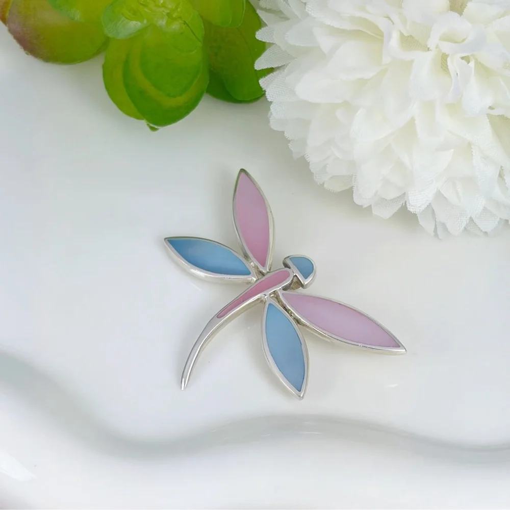 Vintage Dragonfly Butterfly Pendant Sterling Silver 925 Mother of Pearl Inlay